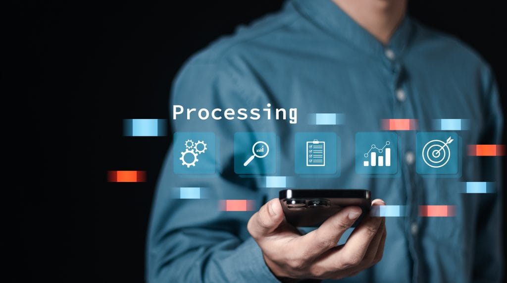 businessman use smartphone with operations management icons business process workflow effective management operations business growth planning processes